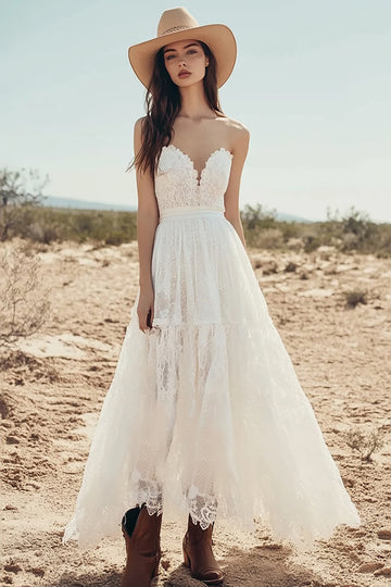 A Line Strapless Lace Ivory Graduation Dress